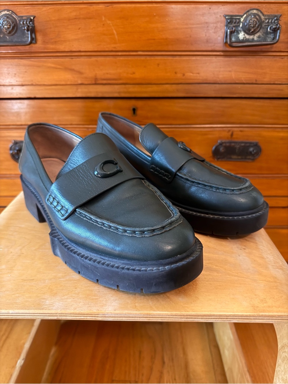 Coach Leather Penny Platform Loafers in Dark Green -